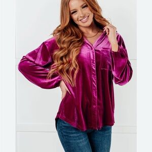 JODIFL oversized Pink Velvet Blouson Sleeve Blouse small button front